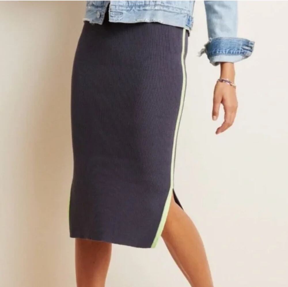 Anthropologie Dark Gray Fitted Ribbed Skirt with Neon Yellow Accent
